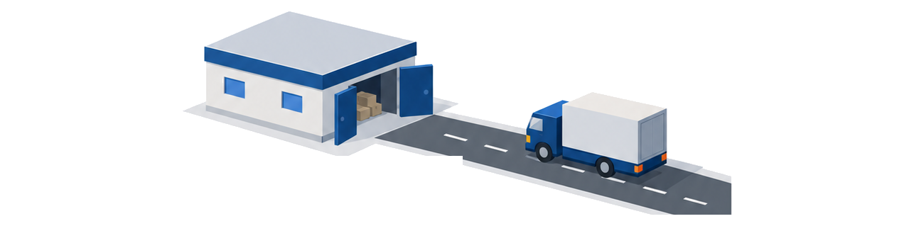 出入口が大きく開いた建物と、道路を通ってその建物に近づくトラックを示すイラスト