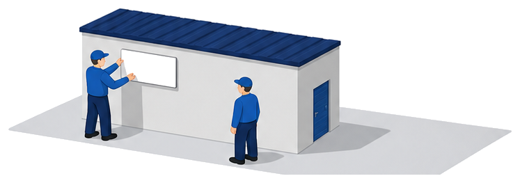 職員が建物の壁に標識を取り付け所有者らしき人物が見ているイメージ