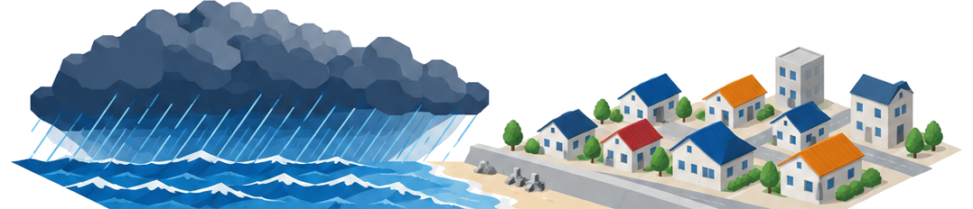 暴風雨の雲に覆われる沿岸の町並みのイラスト