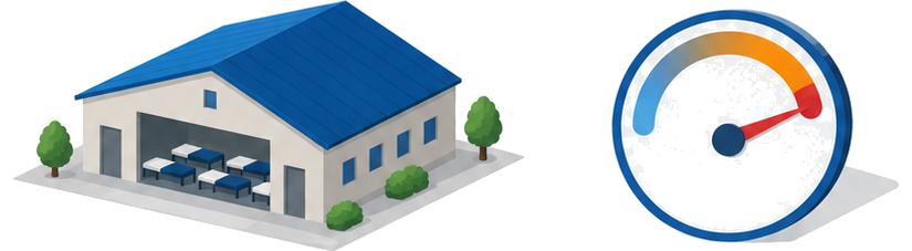 避難所の建物と満員を示す容量メーターのイラスト