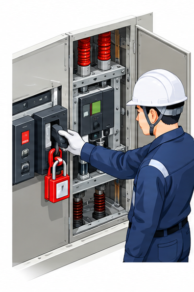 高圧受電盤で電源を遮断して施錠し安全を確認する点検者のイメージ
