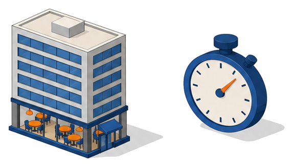 高層の複合ビルとストップウォッチを並べて防火管理体制の時間検証を示したイメージ