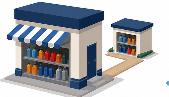 道路に面した店舗と奥の別棟を並べたイラスト