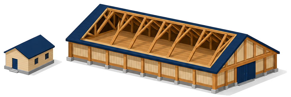 木造の大きな建物で屋根裏がひとつながりになっている様子