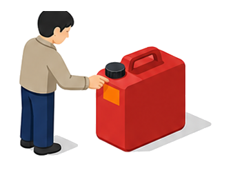 ガソリン携行缶の注油口付近に注意ラベルを貼る作業員のイラスト