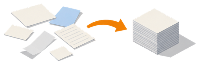 様々な形の書類が一つの統一された様式にまとまることを示したイメージ
