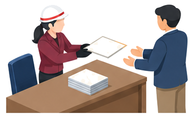 女性検査員が既存不適格の付箋付き報告書に報告済証を交付するイラスト