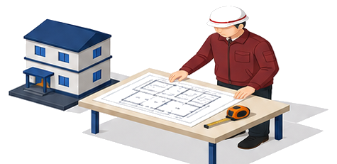 図面と巻尺を手に建物の規模を確認する点検の様子