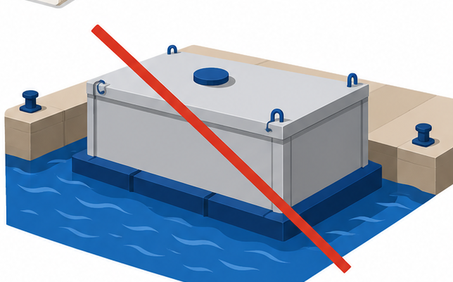水面に浮かぶタンクに赤い禁止の斜線が引かれたイラスト