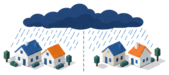 暴風雨の雲が都道府県境をまたぐ二つの町並みを覆うイラスト