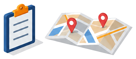 チェックリストのクリップボードと複数の地域を示す地図のイラスト