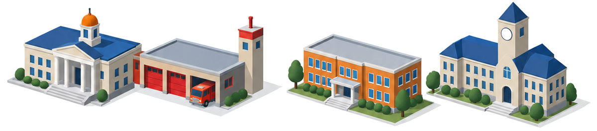左に市役所と消防署が並び、右に学校と時計塔のある大学の建物が並ぶイラスト