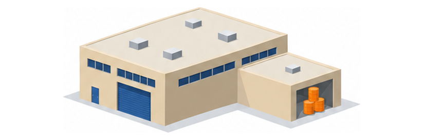 薄ベージュの新しい工場の建物に小さな別棟が付き、開いた扉の奥に橙色のドラム缶が三つ積まれているイメージ