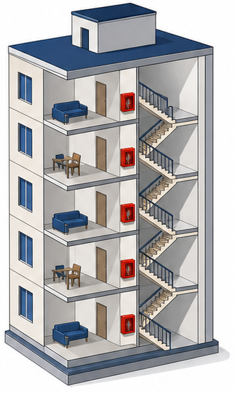 階段室型の共同住宅に階数三以内ごとに放水口を設けたイラスト