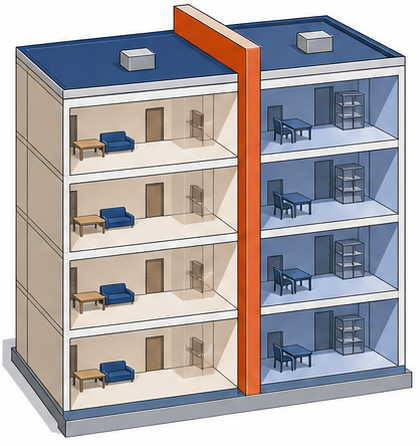 建物を耐火の壁で二つの用途に区画したイラスト