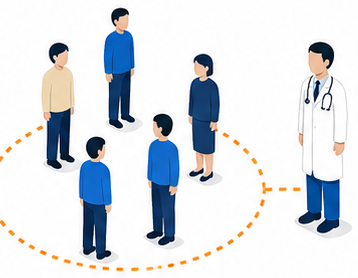 現場の輪の外にいる医師へ点線が伸びるイラスト