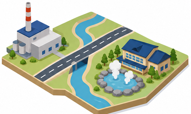 幹線道路と工場と温泉地がある地域のイラスト