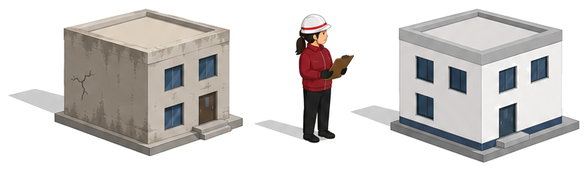 古い建物と現行基準を見比べる女性検査員のイラスト