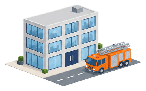 大きな窓が並ぶ３階建ての建物の前の道路にはしご車がとまっているイラスト