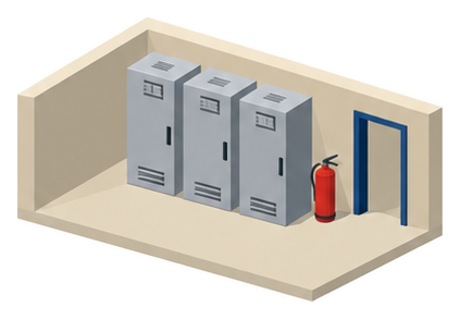 電気室の壁際に並ぶ3面の配電盤と出入口のそばに置かれた消火器のイラスト