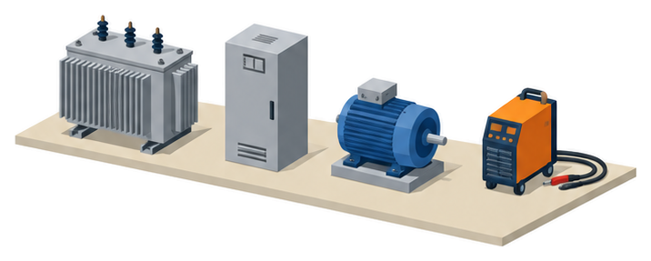 変圧器と配電盤と電動機と溶接器が横に並ぶイラスト