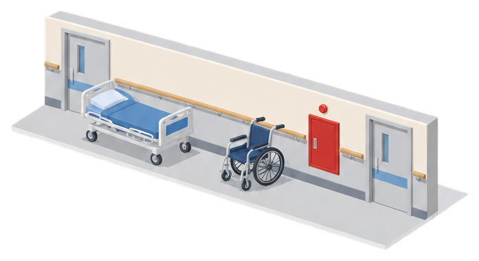 病院の廊下に空のベッドと車いすがあり壁に赤い屋内消火栓の箱があるイラスト