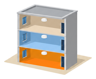 １階がオレンジ２階が水色３階がベージュに塗り分けられた３階建ての建物の断面で各階の天井に煙感知器が１つずつあるイラスト
