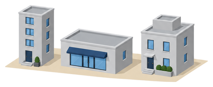 高さや形の違う３棟の建物が並んで建っているイラスト