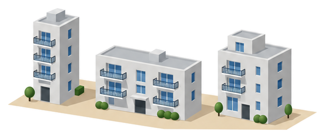 高さや形の違う3棟のバルコニー付きの集合住宅が並んで建っているイラスト