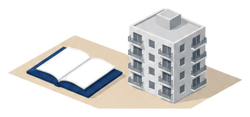 机の上に開いた法令集が置かれその横に中層の共同住宅が描かれたイラスト