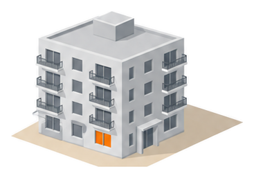 中層の共同住宅の１階にある窓の１か所だけがオレンジ色に塗られたイラスト