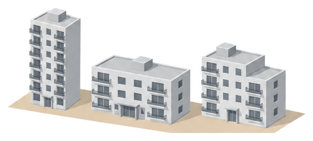 高さや形の違う３棟の共同住宅が並んで建っているイラスト