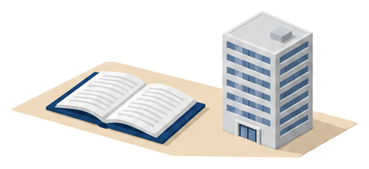 机の上に開いた法令集が置かれその横に十階建てほどの事務所ビルが立つイラスト