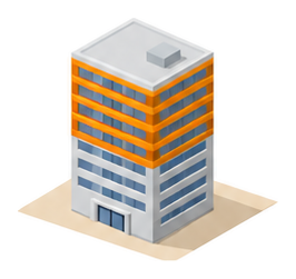 十階建てほどのビルの上側五つの階がオレンジ色に塗られたイラスト