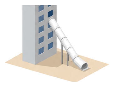 建物の上の階の窓から白い救助袋が斜めに地面まで伸びているイラスト