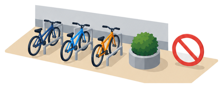 建物の壁ぎわの空地に駐輪ラックの自転車が３台と丸い植木鉢が置かれその右に赤い禁止マークがあるイラスト