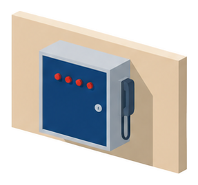 壁に取り付けられた紺色の扉の受信機に赤い表示灯が並ぶイラスト