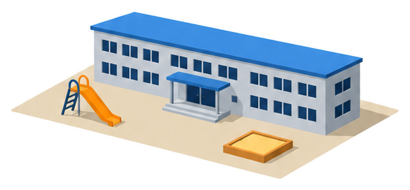 二階建ての学校の校舎の前に滑り台と砂場のある運動場が広がるイラスト