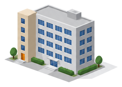 外壁に階段室が付いた５階建てのビルで階段室の各階に窓が並んでいるイラスト