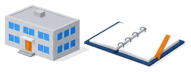 庁舎の建物と開いたバインダーが並んだイラスト