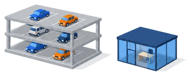 外壁のない立体駐車場と小さな個室ブースが並んだイラスト