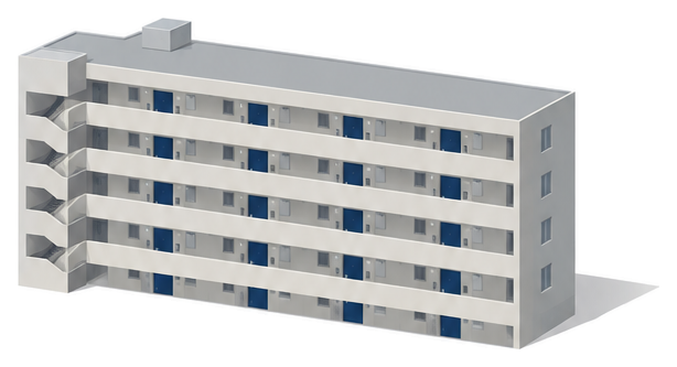 各階に腰壁のついた外廊下がある五階建ての共同住宅を廊下側から見たイラスト