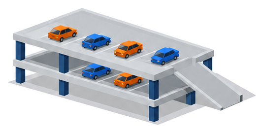 柱と床だけでできた２階建ての駐車場に車が並んでいるイラスト