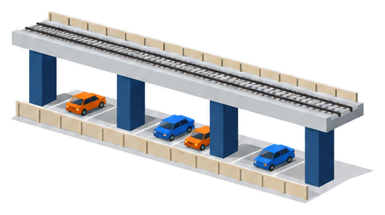 太い柱で支えられた鉄道の高架の下に車が一列に並び手前に低い柵があるイラスト