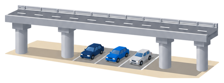 高架道路の下の四方が開いた駐車場に三台の車が止まっているイラスト