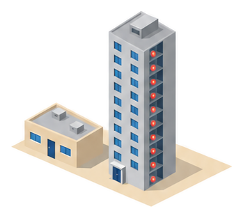 低い建物の横に立つ高層ビルの上の階ごとに赤い表示灯が並ぶイラスト