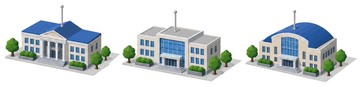 ３つの市役所の建物が並ぶイラスト