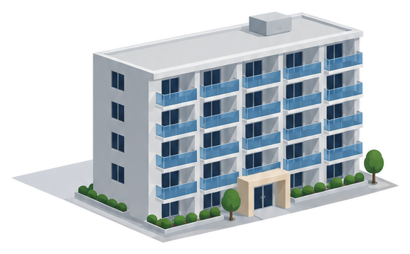 完成したばかりの薄い灰色のマンションに青いバルコニーが並ぶイラスト