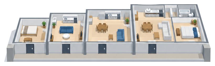 一つの階に小さなワンルームから家族向けの広い住戸まで並ぶマンションの断面イラスト