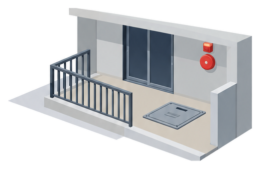 マンションのバルコニーの床に四角い避難ハッチがあり壁に赤いベルと表示灯が付いたイラスト